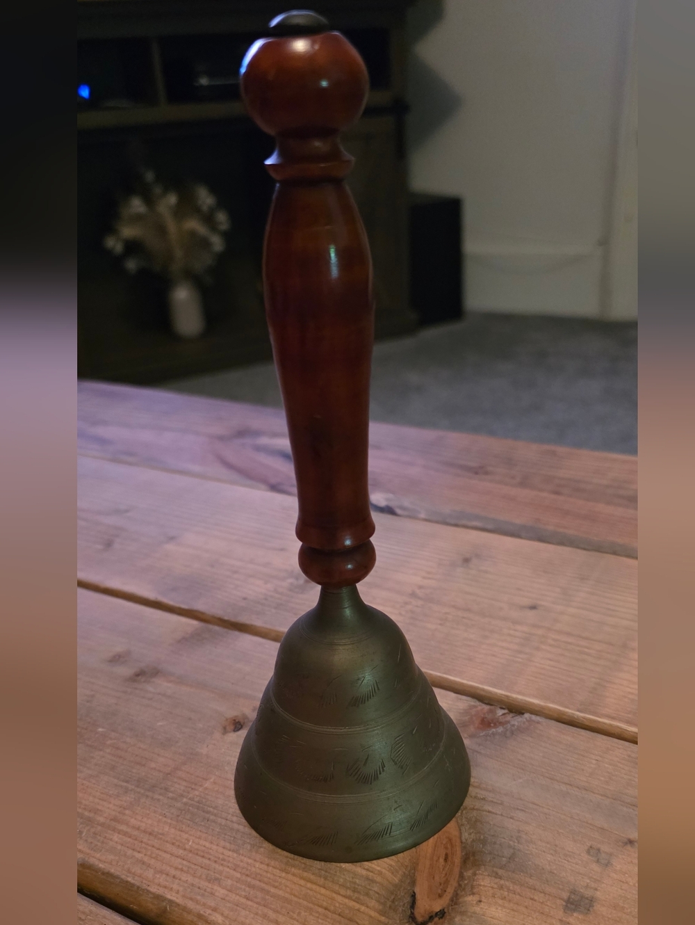 Antique-Style Hand Bell with Wooden Handle - Brown and Brass-Tone